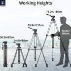 Made of high quality aluminum alloy and carbon fiber max load is 26.5lb/12kg max height is 68.9in/175cm suitable for most DSLR cameras camcorder DV video slider