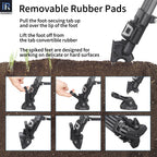 Pull the foot-secuing tab up and over the lip of the foot Lift the foot off from the tab convertible rubber The spiked feet are designed for working on delicate or hard surfaces