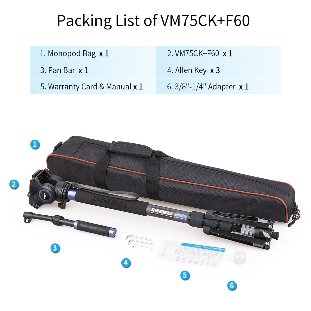 INNOREL VM75CK monopod kit package contents monopod F60 fluid head monopod bag allen key.