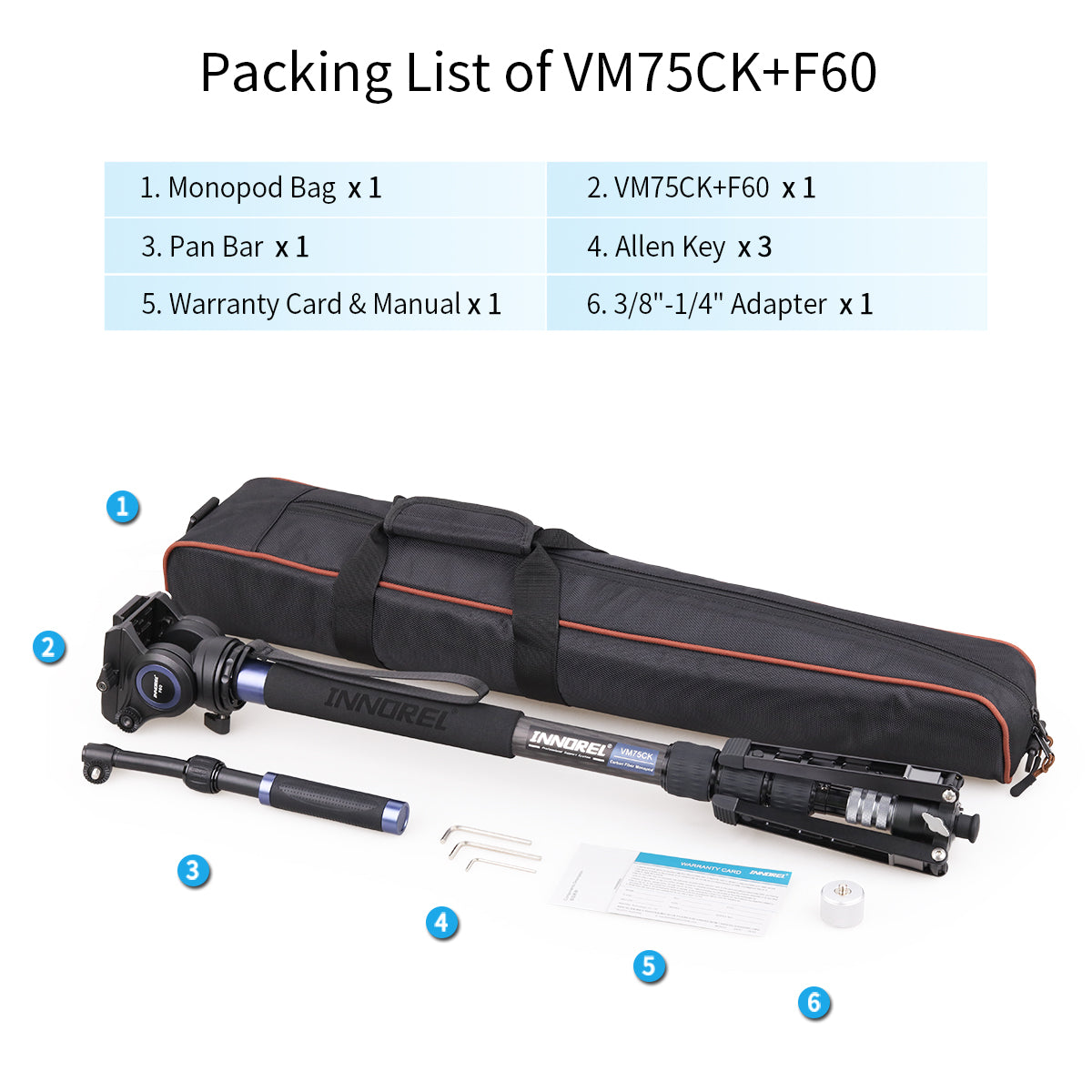 INNOREL VM75CK monopod kit package contents monopod F60 fluid head monopod bag allen key.