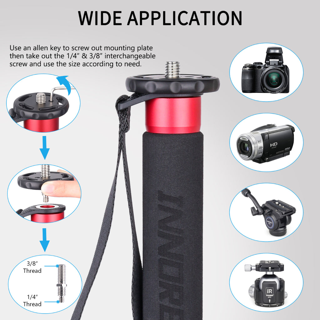 INNOREL VM80A Monopod Use an allen key to screw out mounting plate
then take out the 1/4"& 3/8" interchangeable
screw and use the size according to need.