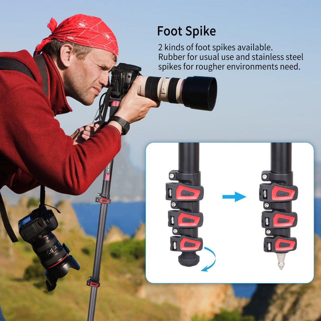 INNOREL VM60A monopod 2 kinds of foot spikes available.Rubber for usual use and stainless steel spikes for rougher environments need.