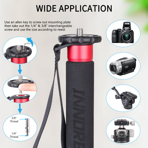 INNOREL VM80C Carbon Fiber Camera Monopod Use an allen key to screw out mounting plate then take out the 1/4" & 3/8
interchangeable screw and use the size according to need.