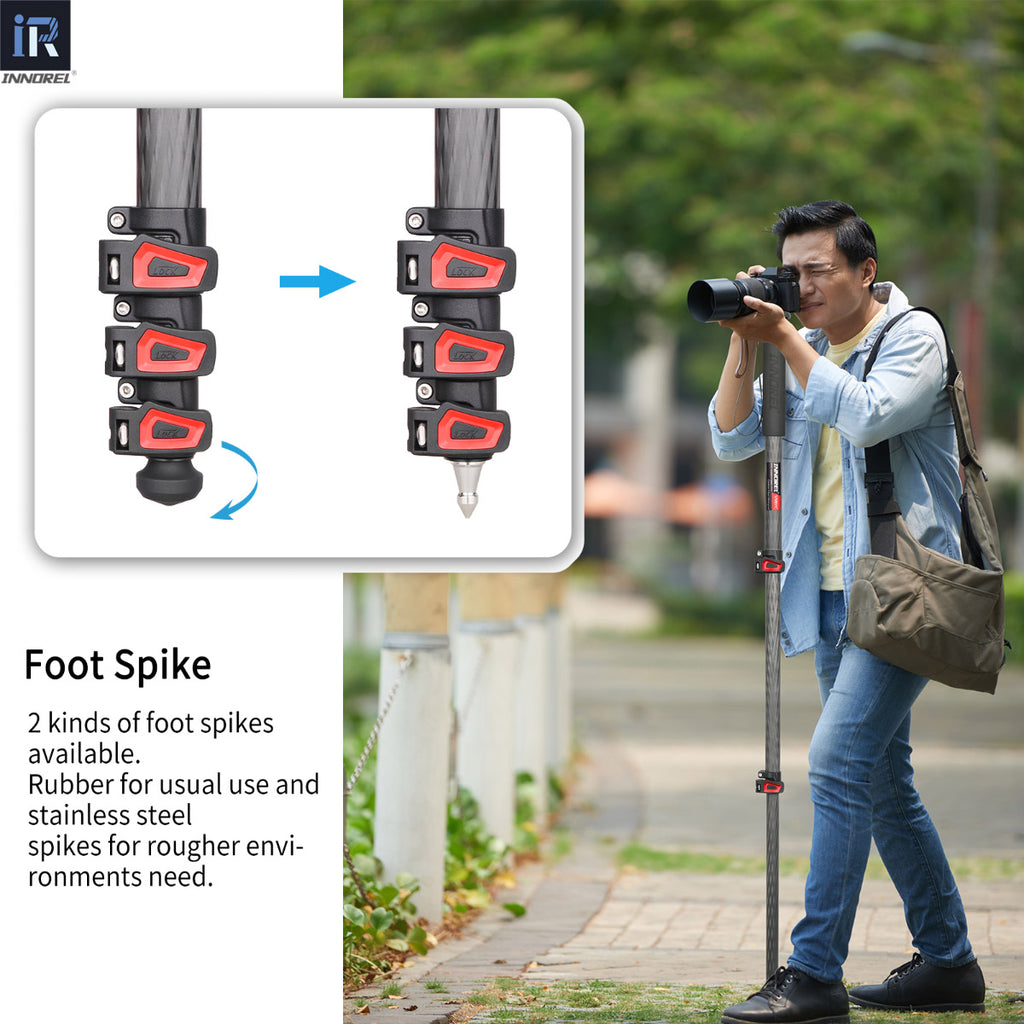 INNOREL VM80C monopod 2 kinds of foot spikes available.Rubber for usual use and stainless steel spikes for rougher environments need.