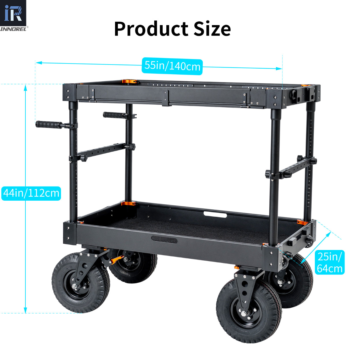 DY-120 Cart effortlessly handles up to 485lb/220kg transforming into a DIT Sound, Lighting or Equipment Dolly The size of the tray is up to 48*25 inches/123*64 cm (L*W)