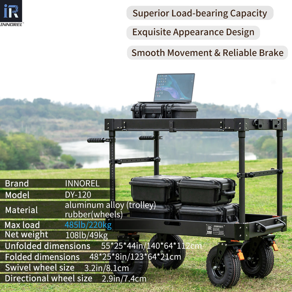 aluminum alloy trolley rubber wheels Max load 485lb/220kg Net weight 108lb/49kg Unfolded dimensions 55*25*44in/140*64*112cm Folded dimensions 48*25*8in/123*64*21cm Swivel wheel size 3.2in/8.1cm Directional wheel size 2.9in/7.4cm