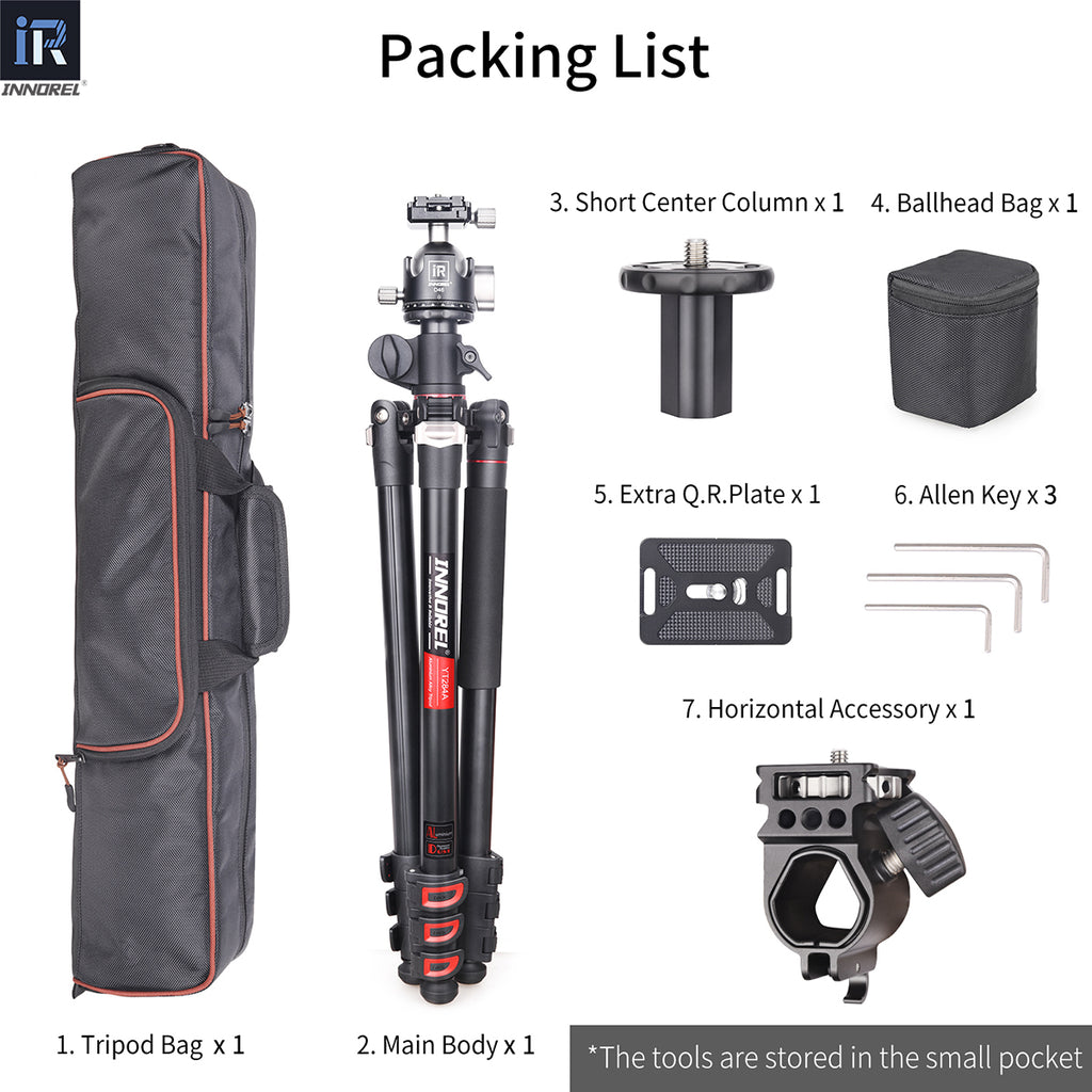 INNOREL YT284A tripod package contents tripod D46 ballhead quick release plate tripod bag short center column ballhead bag allen key horizontal accessory