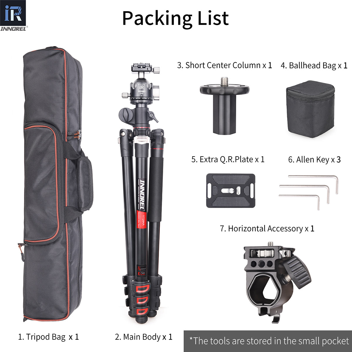 INNOREL YT284A tripod package contents tripod D46 ballhead quick release plate tripod bag short center column ballhead bag allen key horizontal accessory