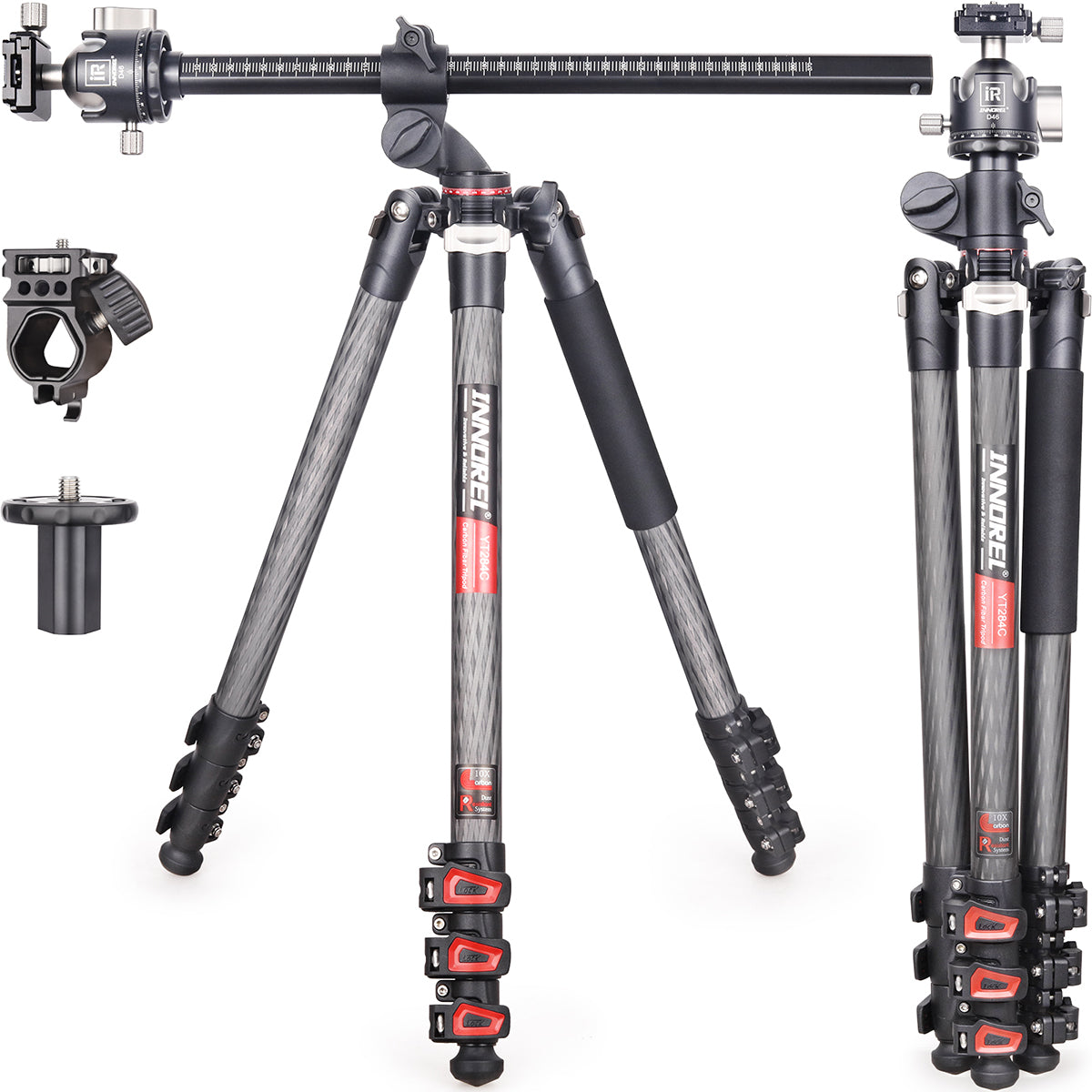 YT284C horizontal carbon fiber camera tripod with D46 ballhead for DSLR and video cameras