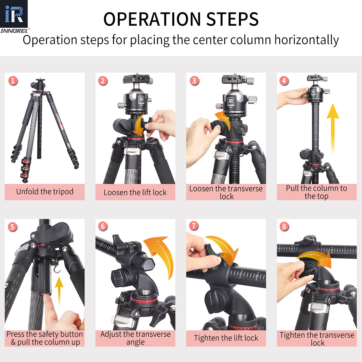 YT284C operation steps showing how to place the center column horizontally
