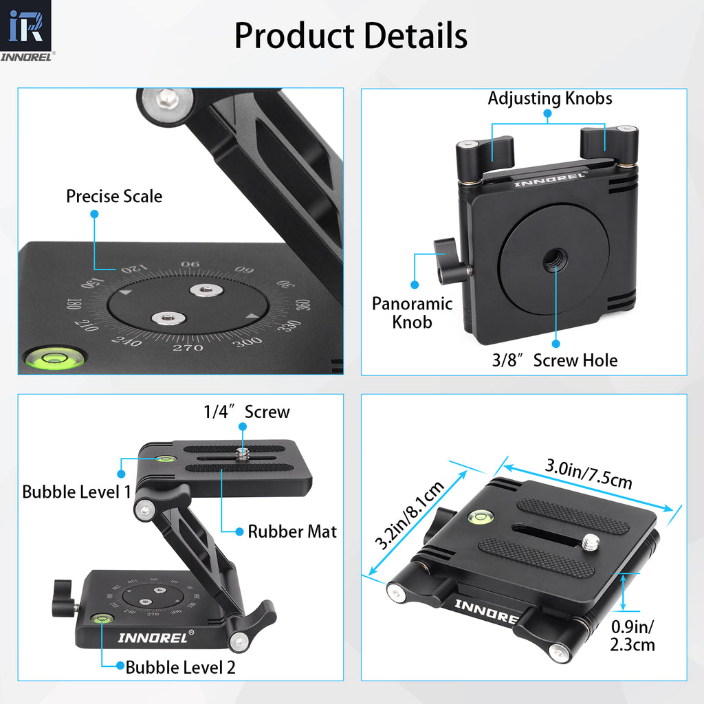 INNOREL ZH7 1/4” screw on the top fits various cameras and camcorder 3/8 screw hole on the bottom can mount various tripods monopods slide rails stabilizers
