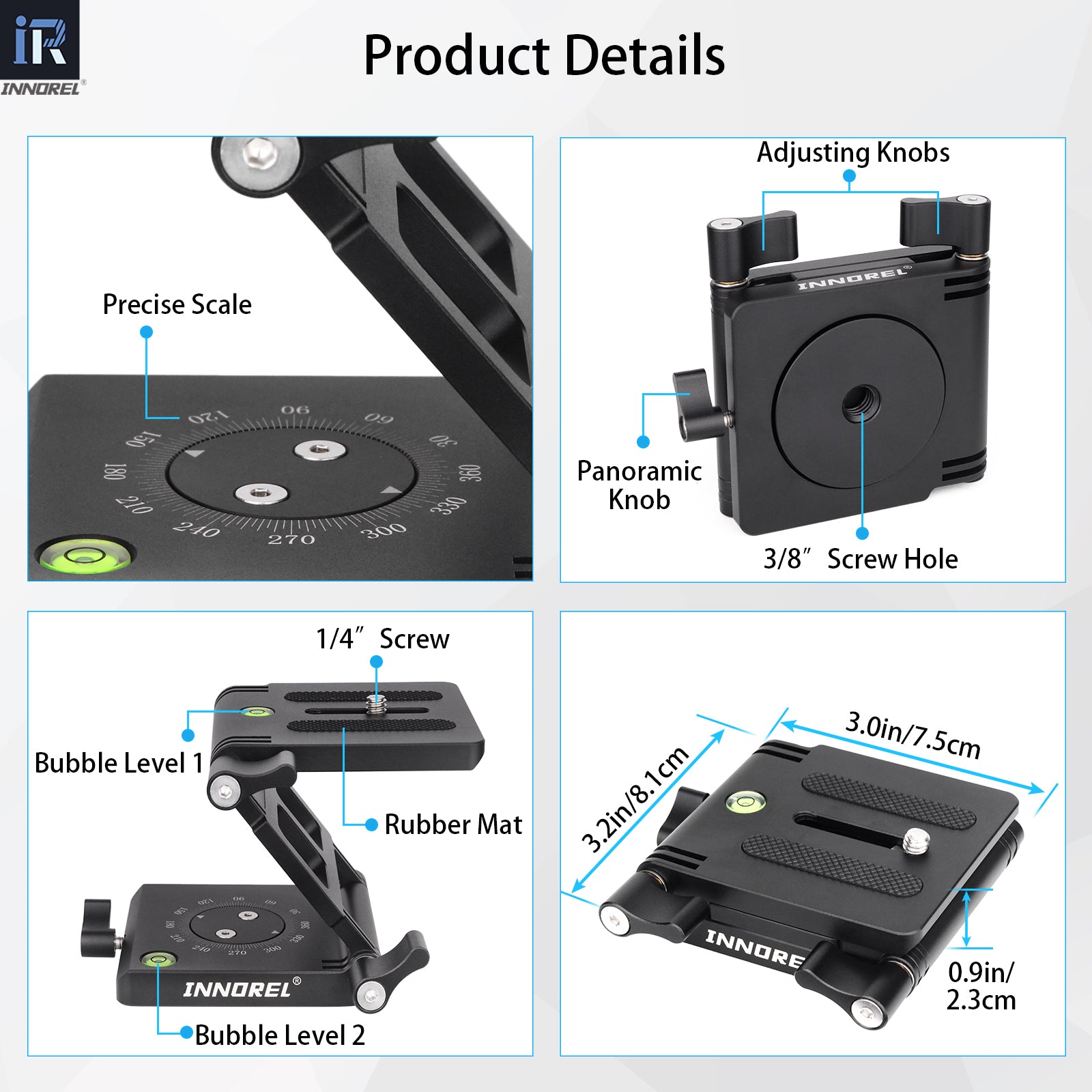 INNOREL ZH7 1/4” screw on the top fits various cameras and camcorder 3/8 screw hole on the bottom can mount various tripods monopods slide rails stabilizers