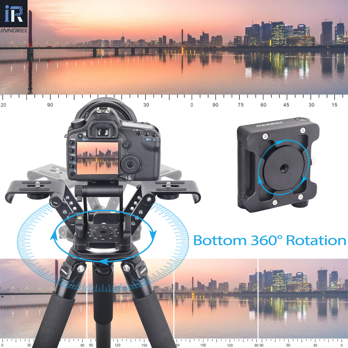 The 360° rotational base allows for panoramic shots and two built-in bubble levels can help to keep your camera level in any situation