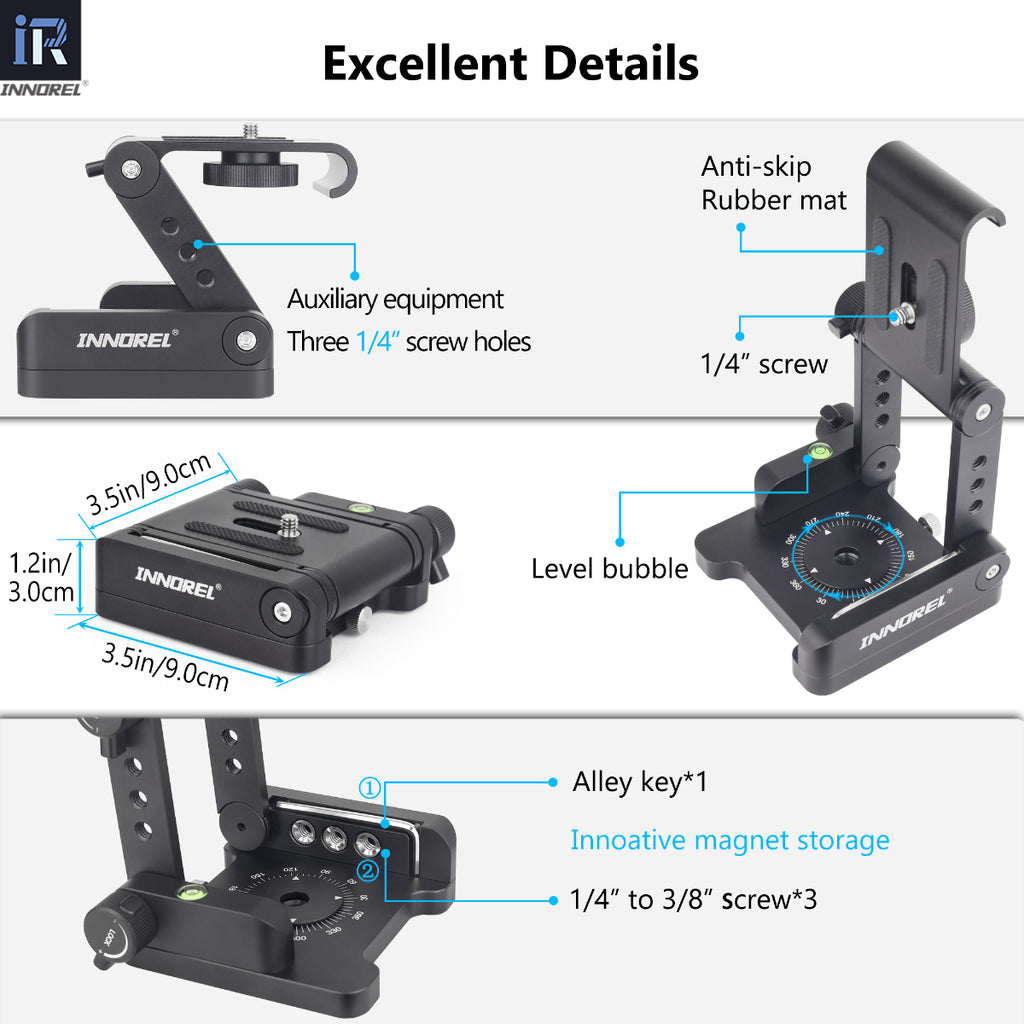 INNOREL Aluminum Alloy Z-Flex Tilt Tripod Head ZH9 featues auxiliary equipment three 1/4" screw holes anti-skip rubber mat