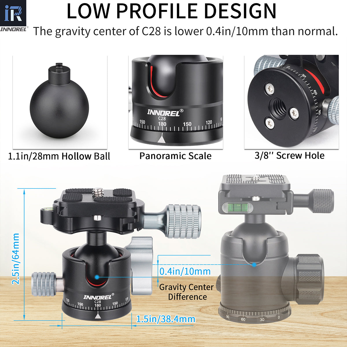 The gravity center of C28 is lower 0.4in/10mm than normal 1.1in/28mm Hollow Ball Panoramic Scale 3/8" Screw Hole