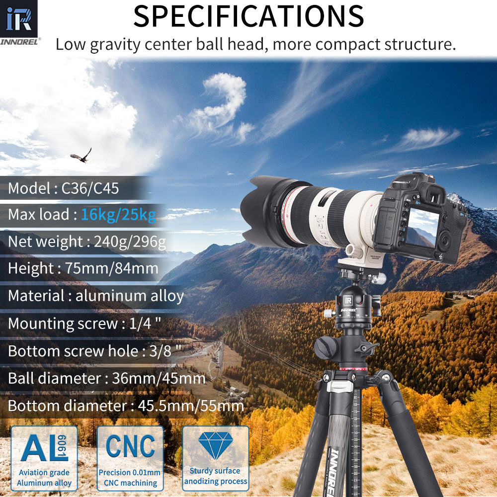 C36/C45 aluminum alloy(body) rubber(mat) Net weight 240g/296g Max load 16kg/25kg Mounting screw 1/4"
Mounting hole 3/8" 1/4" adapter available Height 75mm/84mm Bottom Dia. 45.5mm/55mm