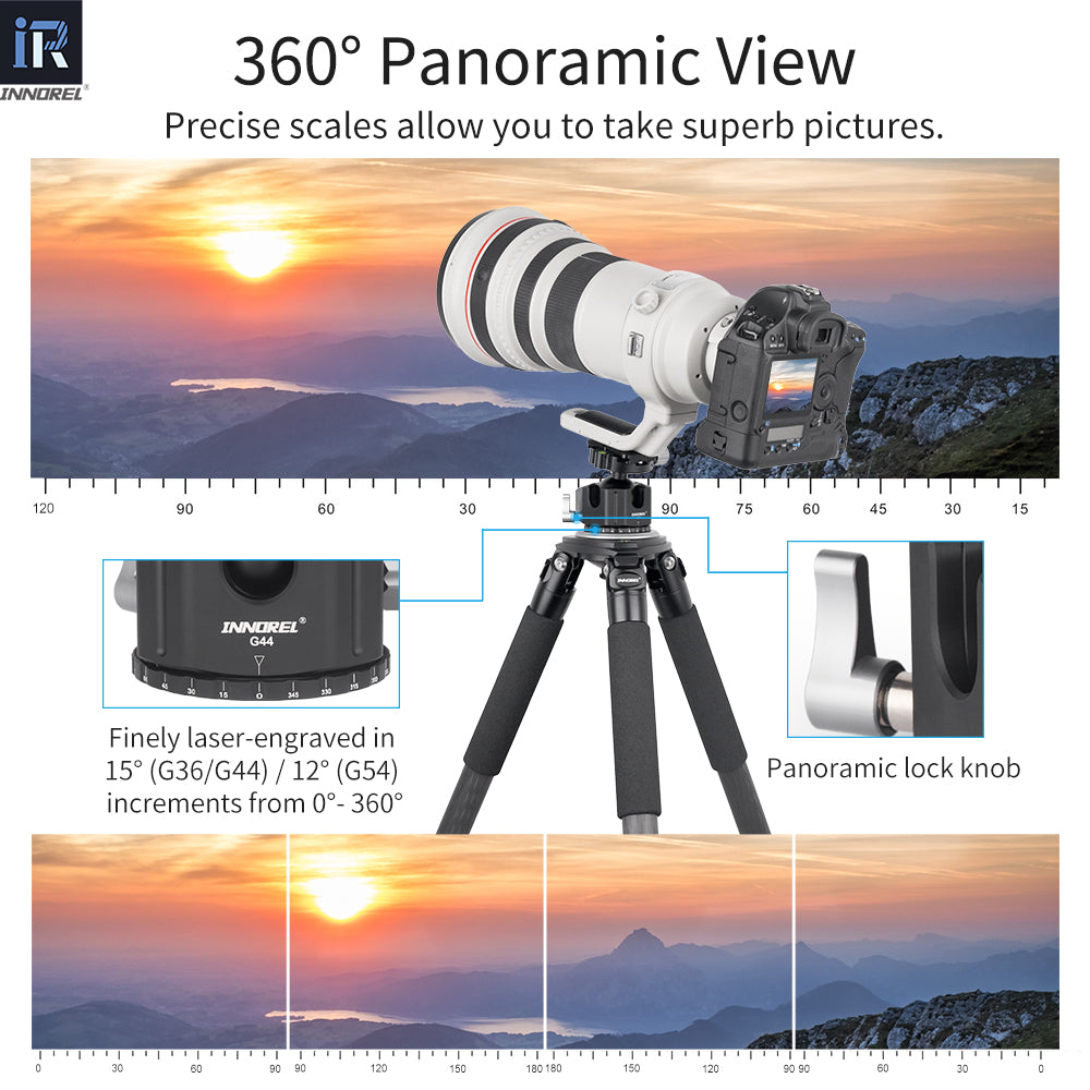 INNOREL ballhead G36 G44 G54 Precise scales allow you to take superb pictures Finely laser-engraved in 15° G36 G44  12°G54  increments from 0°- 360°