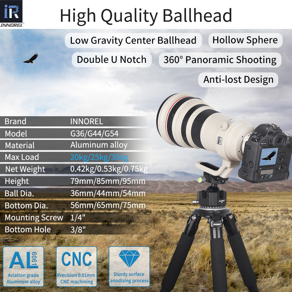 INNOREL ballhead G36 G44 G54 Low Gravity Center Ballhead Hollow Sphere Double U Notch 360° Panoramic Shooting Anti-lost Design Max Load Net Weight Height