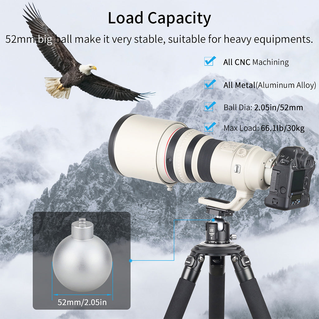 INNOREL N52 ballhead with 30kg load capacity supports professional DSLR and telephoto lens