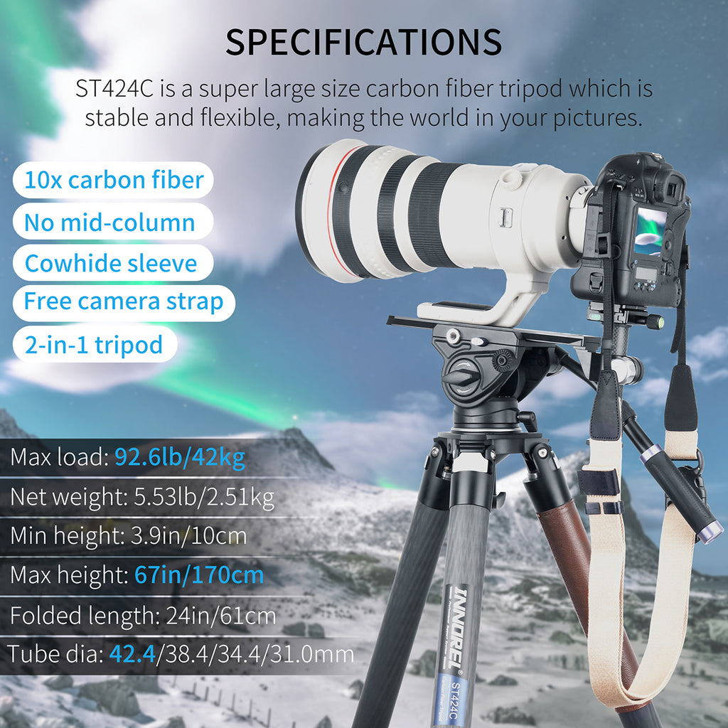 ST424C bowl tripod specifications including 170cm max height 2.51kg weight 42kg load 10-layer carbon tube cowhide sleeve
