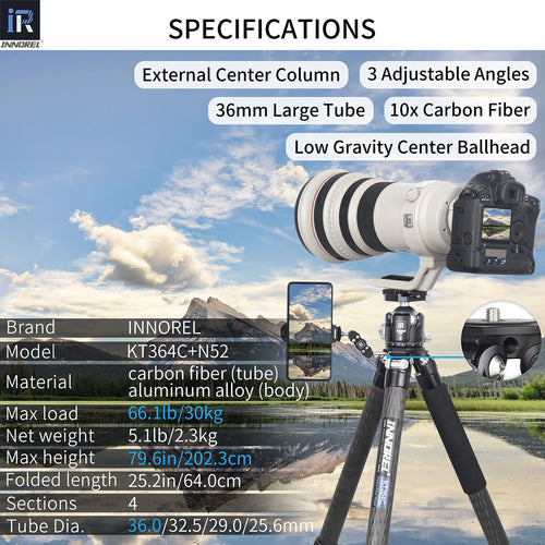 KT364C tripod with N52 ballhead specifications including 202.3cm max height 2.3kg weight 30kg load 10-layer carbon tube