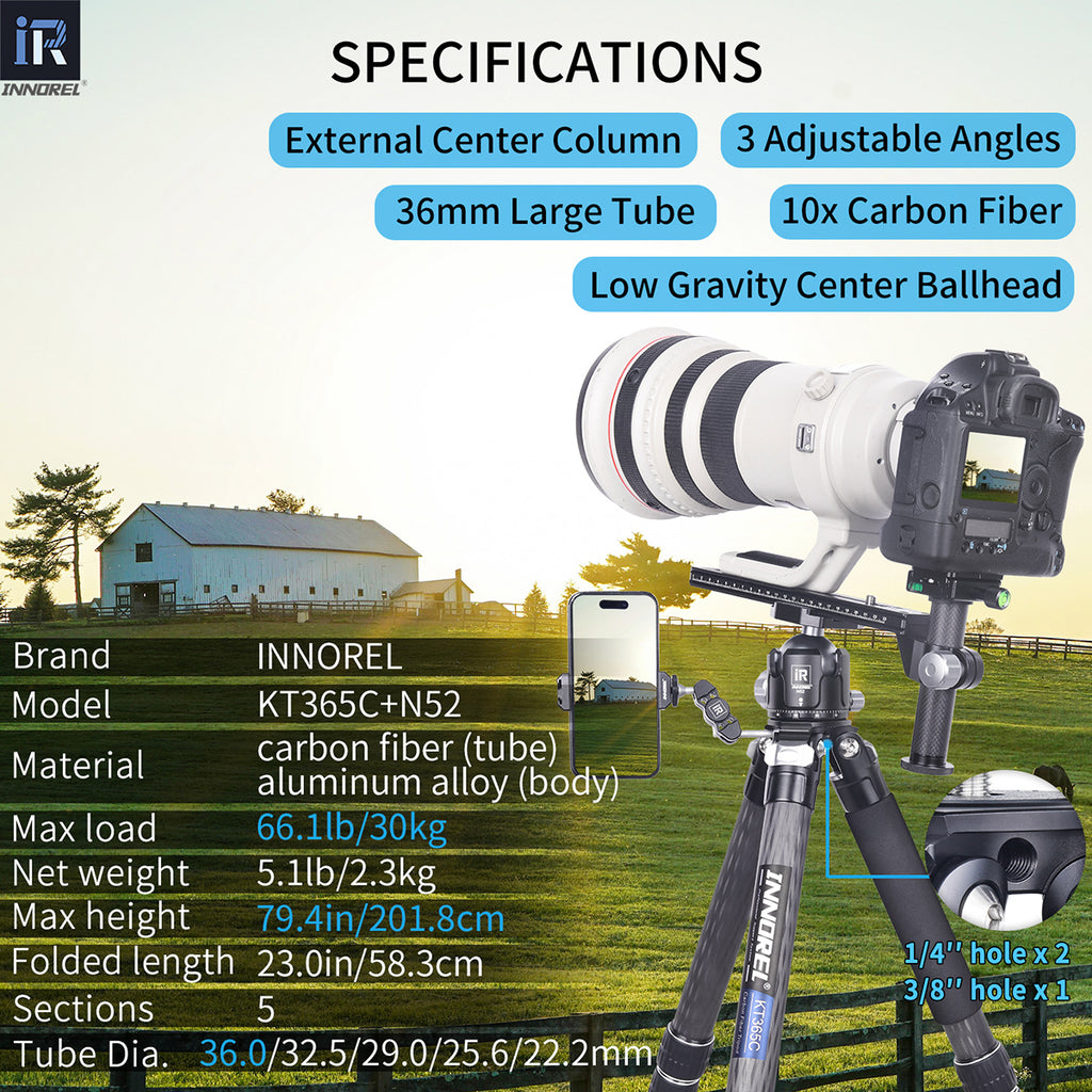 KT365C tripod with N52 ballhead specifications including 201.8cm max height 2.3kg weight 30kg load 10-layer carbon tube