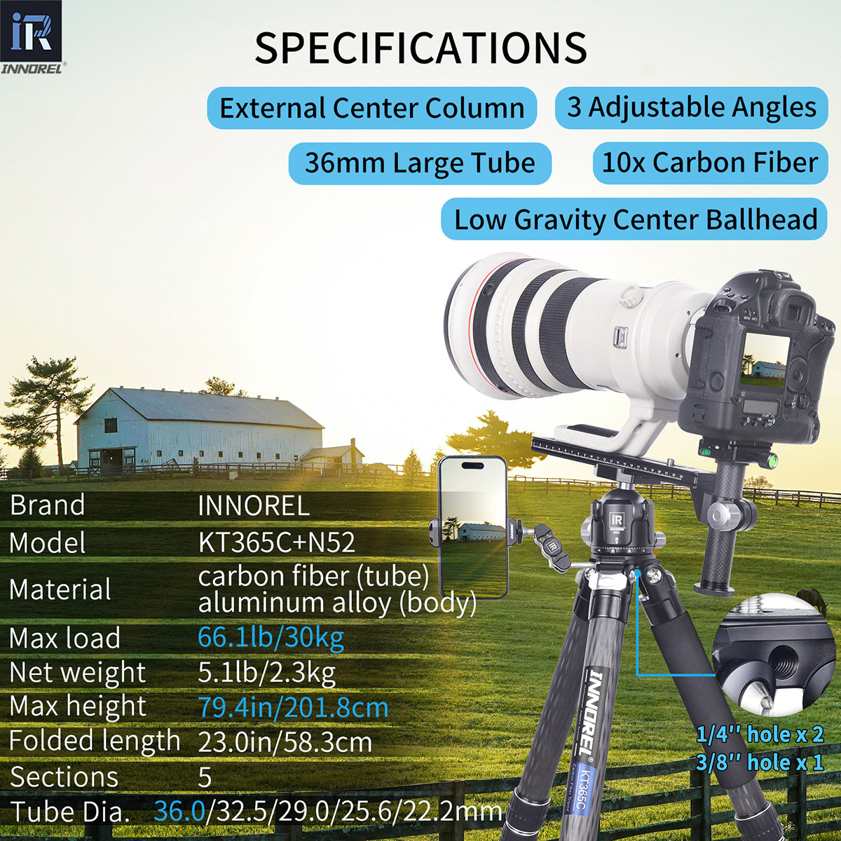 KT365C tripod with N52 ballhead specifications including 201.8cm max height 2.3kg weight 30kg load 10-layer carbon tube