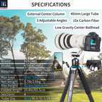 KT404C tripod with N52 ballhead specifications including 210.3cm max height 2.6kg weight 30kg load 10-layer carbon tube