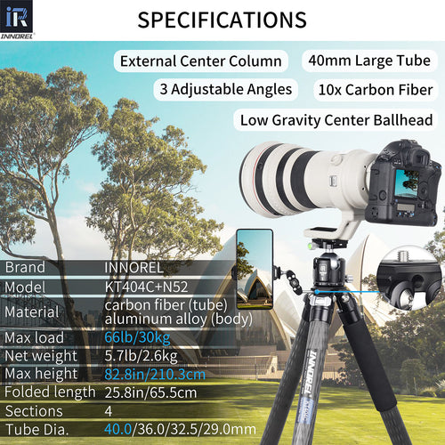 KT404C tripod with N52 ballhead specifications including 210.3cm max height 2.6kg weight 30kg load 10-layer carbon tube
