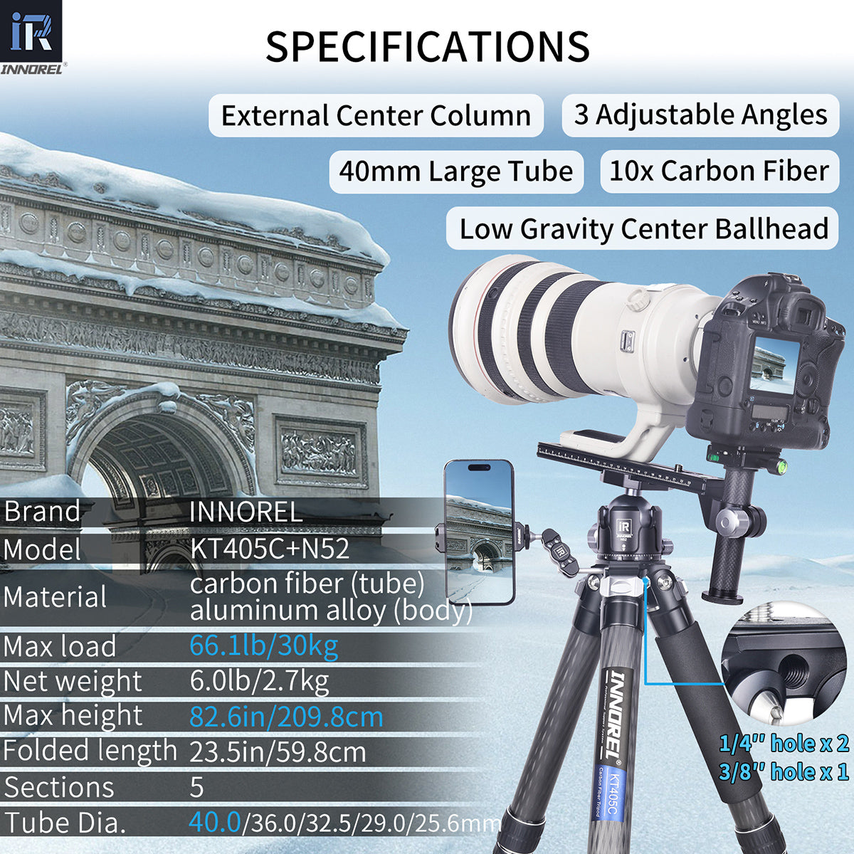 INNOREL Carbon Fiber Compact Tripod KT405C 40mm Tube
