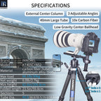 KT405C tripod with N52 ballhead specifications including 209.8cm max height 2.7kg weight 30kg load 10-layer carbon tube