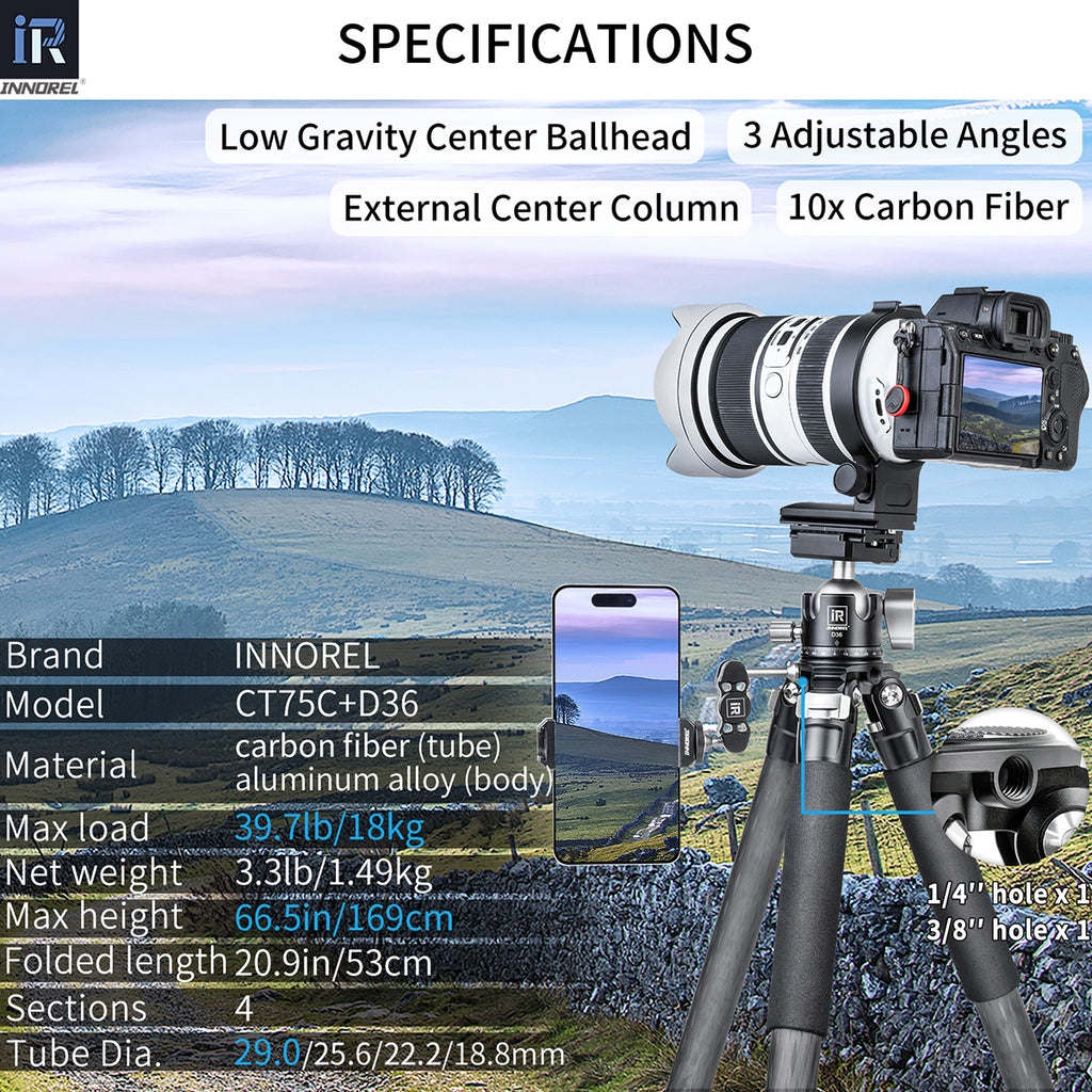 CT75C tripod with D36 ballhead specifications including 169cm max height 1.49kg weight 18kg load 10-layer carbon tube