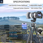 CT75C tripod with D36 ballhead specifications including 169cm max height 1.49kg weight 18kg load 10-layer carbon tube