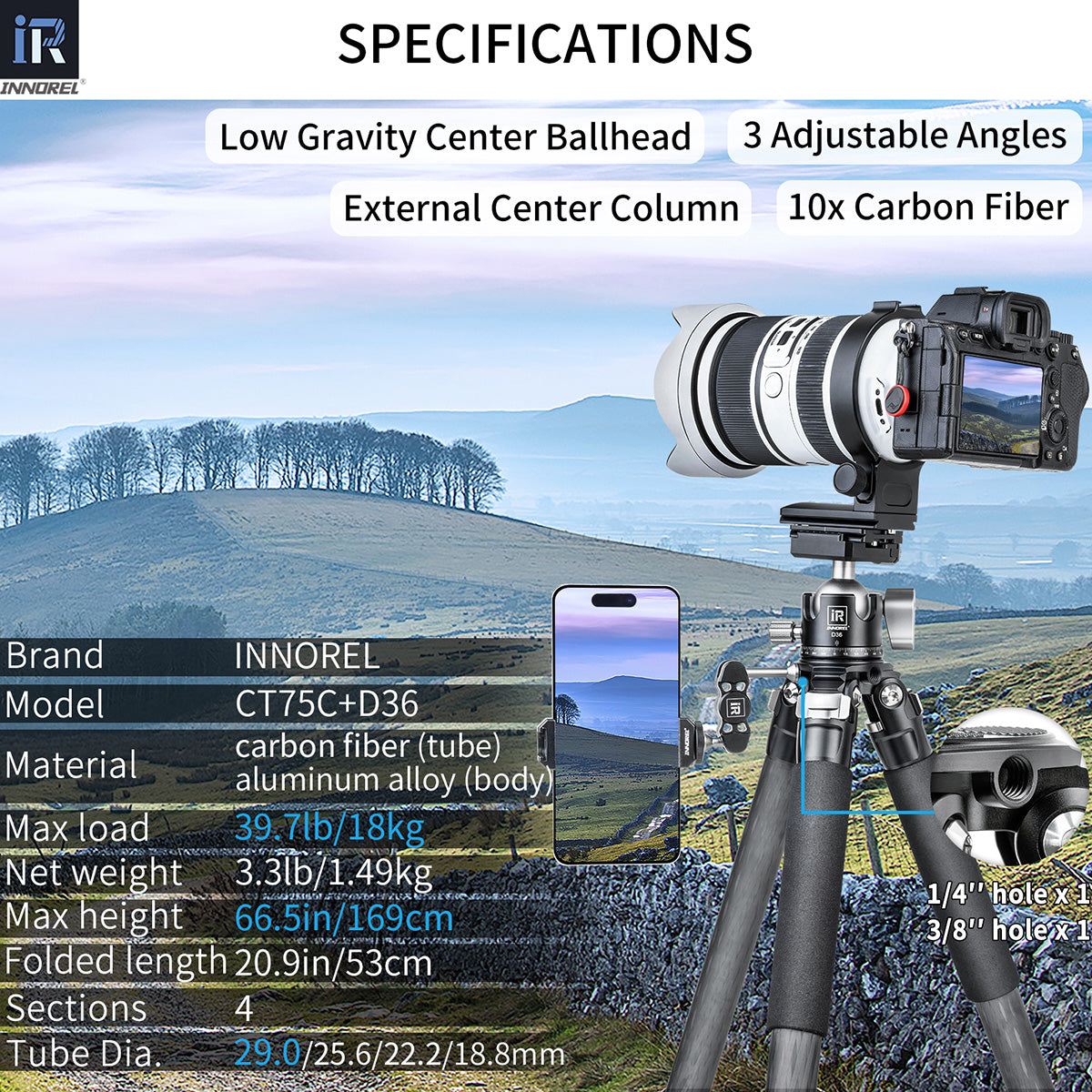 CT75C tripod with D36 ballhead specifications including 169cm max height 1.49kg weight 18kg load 10-layer carbon tube