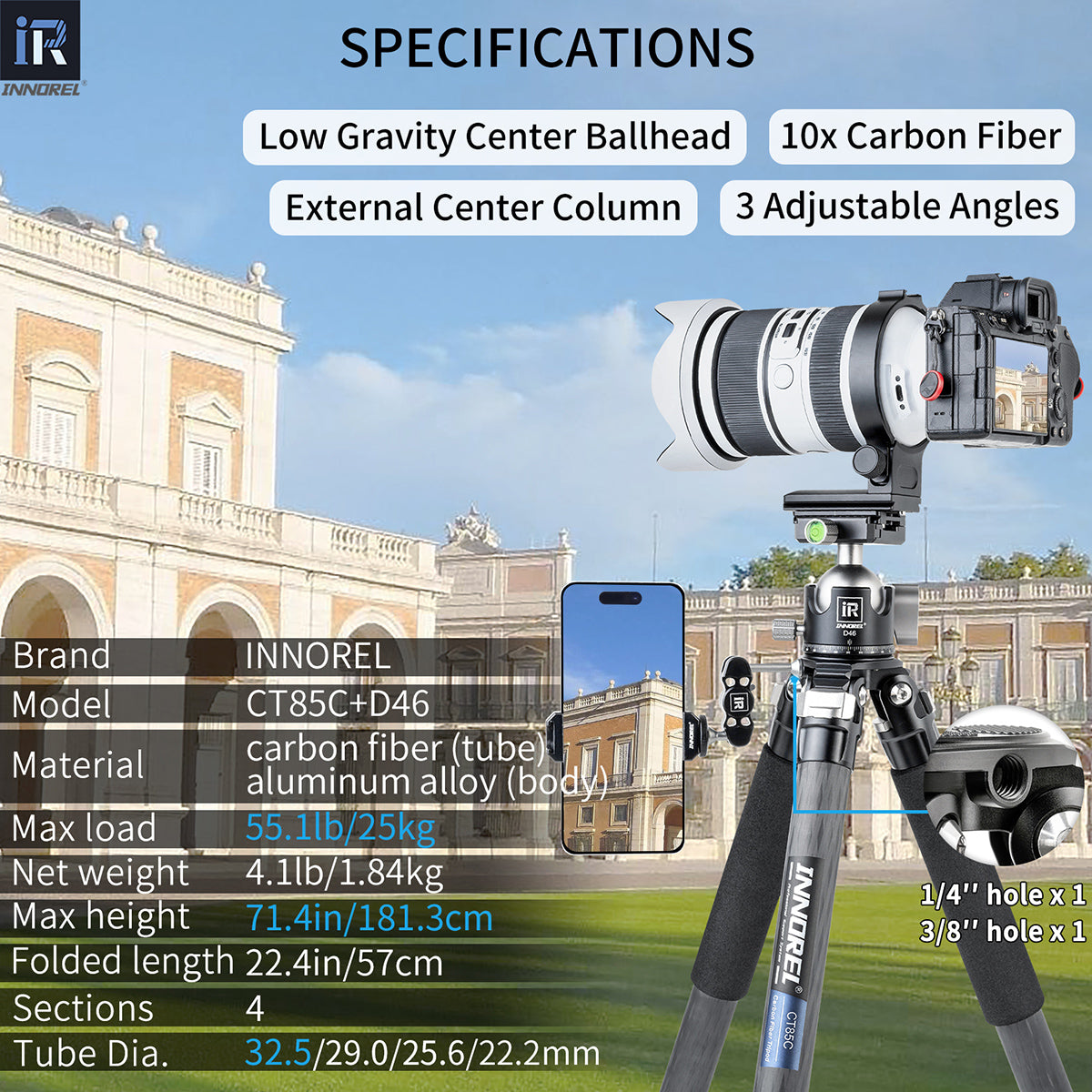 CT85C tripod with D46 ballhead specifications including 181.3cm max height 1.84kg weight 25kg load 10-layer carbon tube