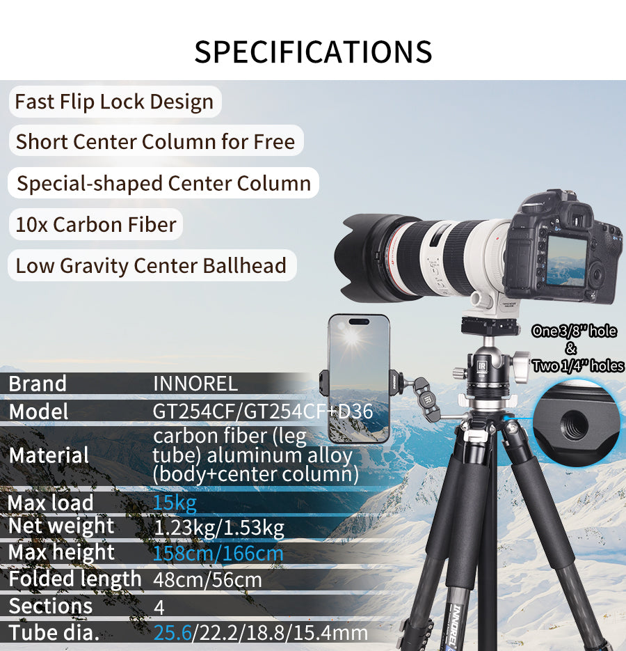 GT254CF tripod with D36 ballhead specifications including 166cm max height 1.53kg weight 15kg load 10-layer carbon tube