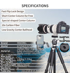 GT254CF tripod with D36 ballhead specifications including 166cm max height 1.53kg weight 15kg load 10-layer carbon tube