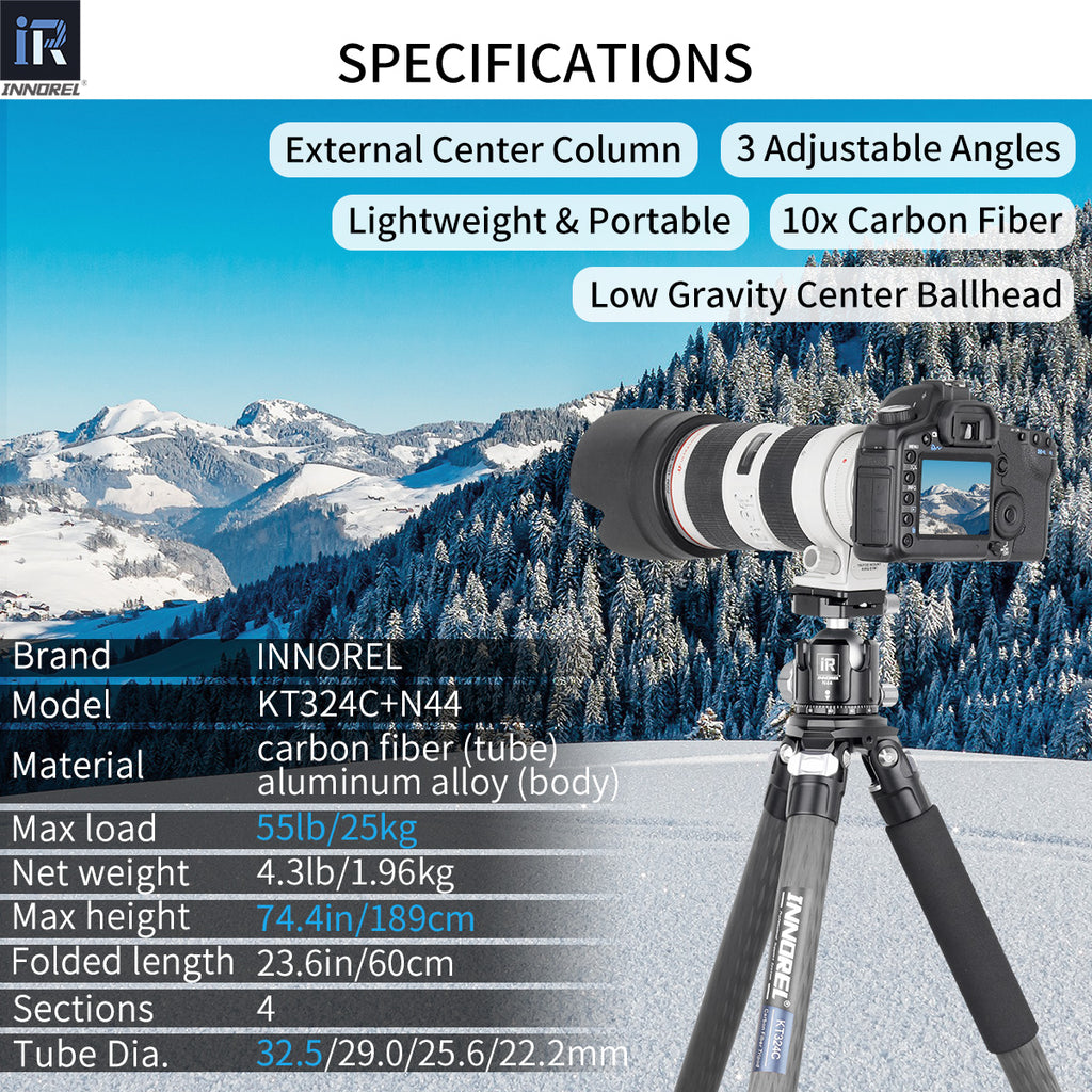 KT324C tripod with N44 ballhead specifications including 189cm max height 1.96kg net weight 25kg max load 10-layer carbon tube