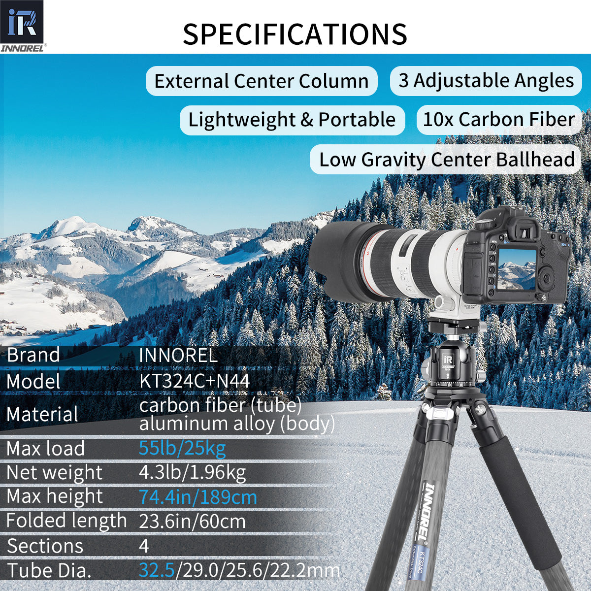 KT324C tripod with N44 ballhead specifications including 189cm max height 1.96kg net weight 25kg max load 10-layer carbon tube