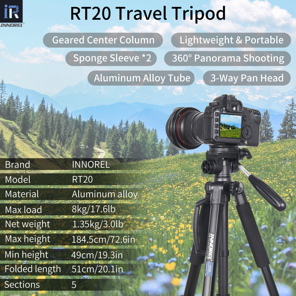 RT20 tripod with N36 ballhead specifications including 184.5cm max height 1.35kg weight 8kg load