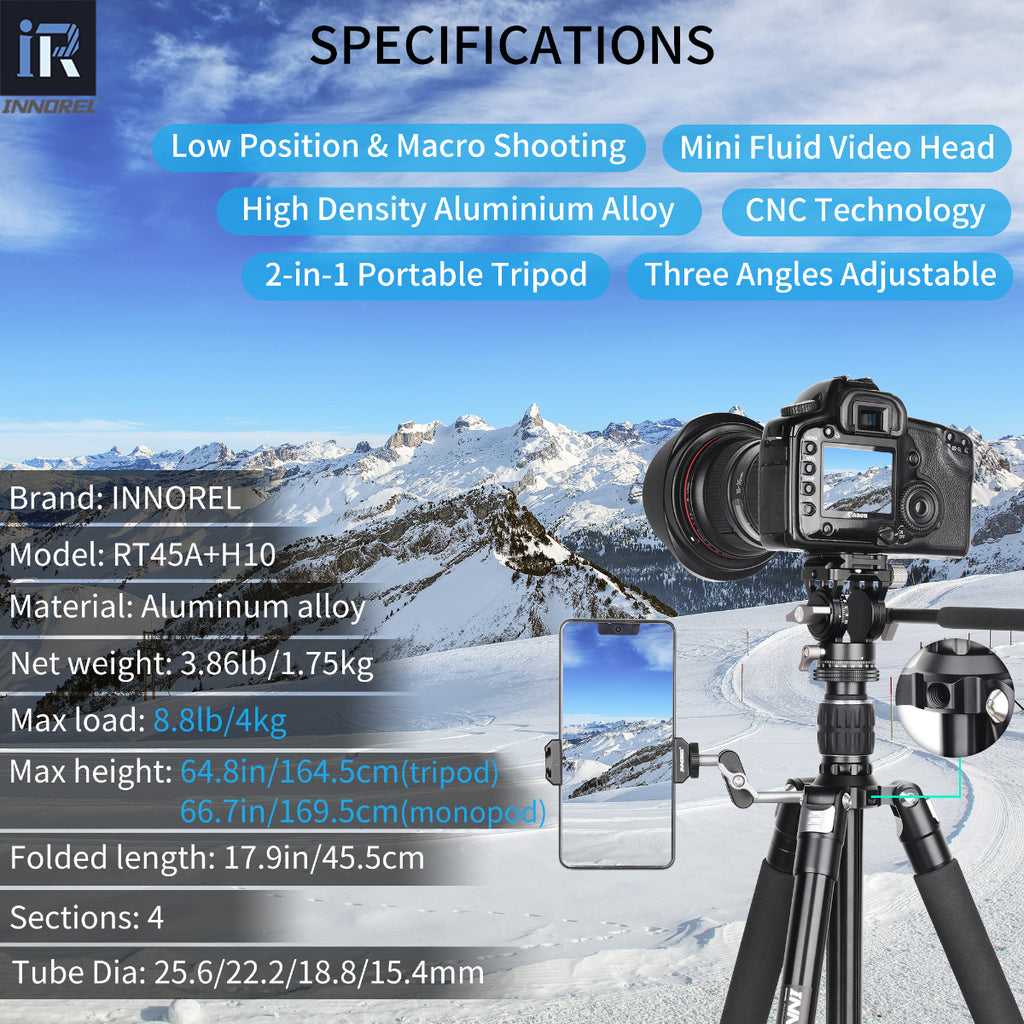 RT45A 2-in-1 tripod with H10 tripod head specifications including 164.5cm max height 1.75kg weight 4kg load