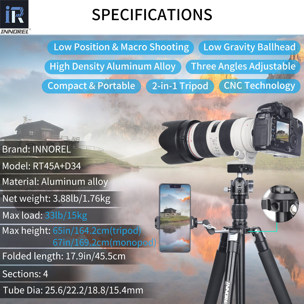 Aluminum Alloy Travel Tripod INNOREL RT45A Series