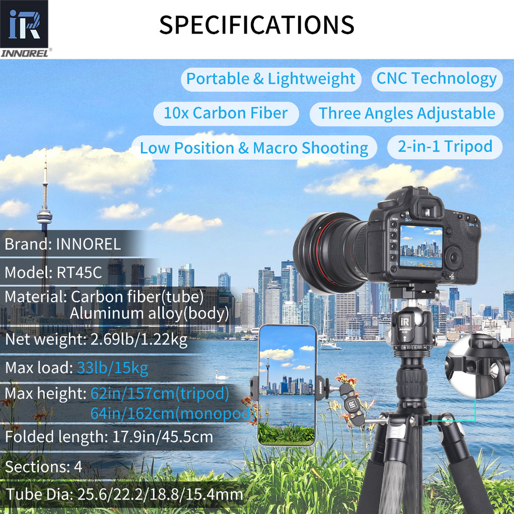 RT45C 2-in-1 tripod specifications including 157cm max height 1.22kg weight 15kg load 