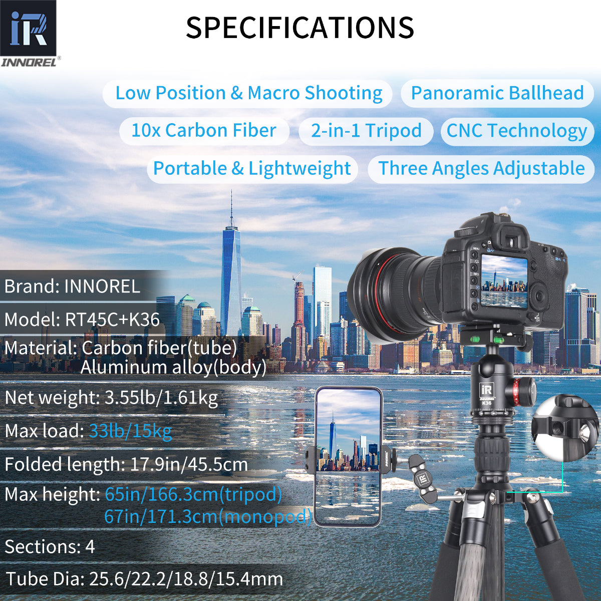 RT45C tripod with K36 ballhead specifications including 166.3cm max height 1.61kg weight 15kg load