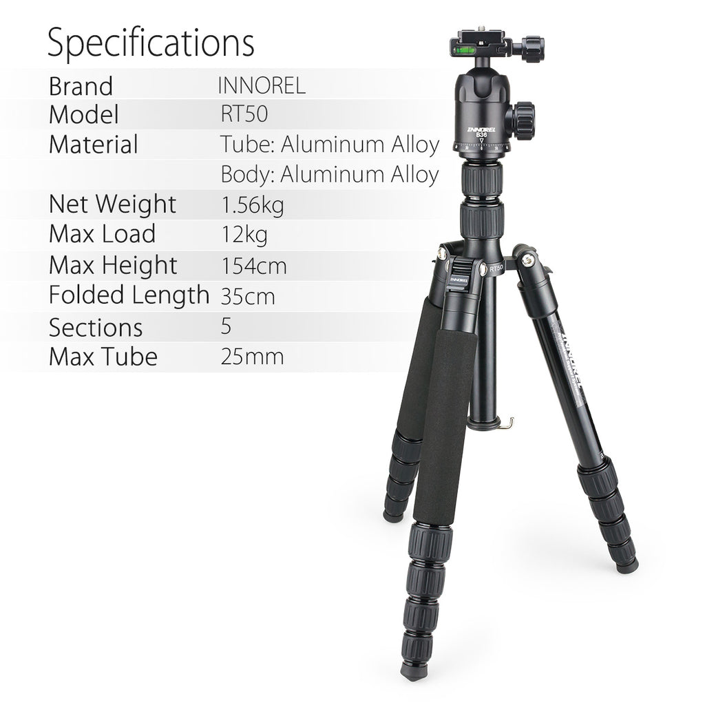 154cm 12kg RT50 tripod with B36 ballhead specifications aluminum
