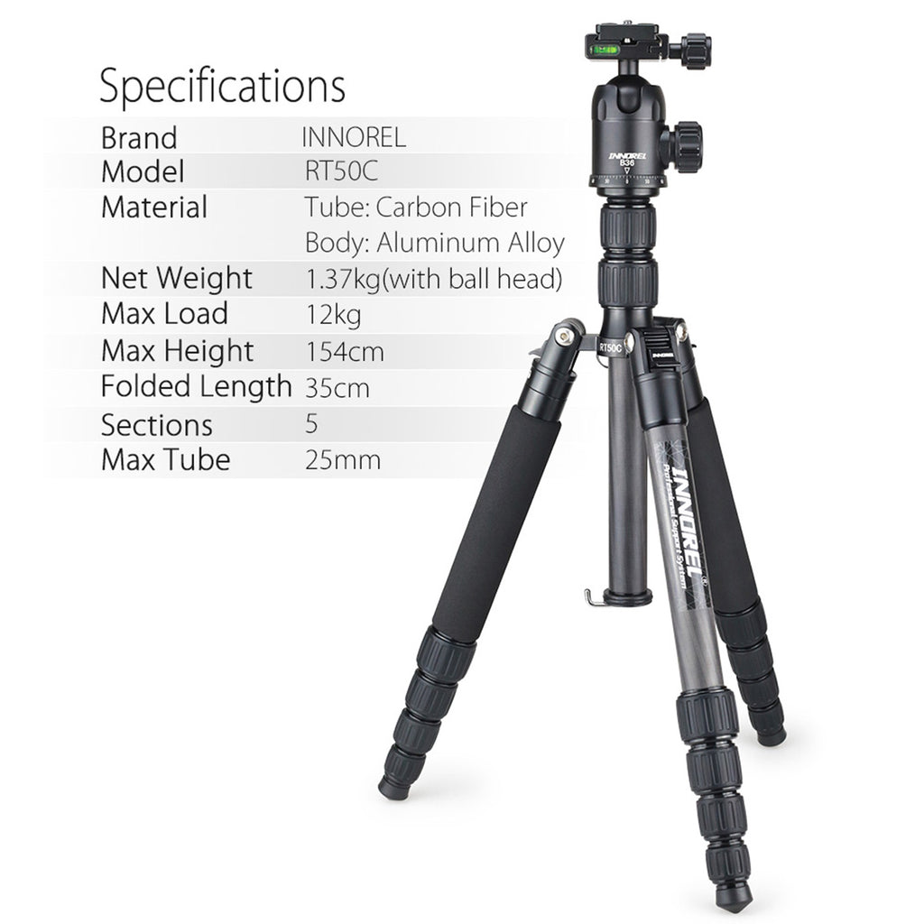 154cm 12kg RT50C carbon fiber tripod monopod specification
