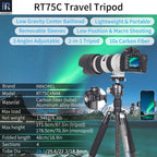 RT75C tripod with N44 ballhead specifications including 171.5cm max height 1.94kg weight 20kg load 10-layer carbon tube