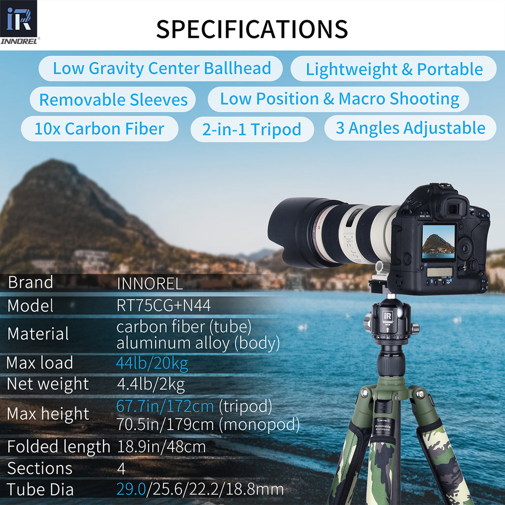 RT75CG tripod with N44 ballhead specifications including 172cm max height 2kg weight 20kg load 10-layer carbon tube