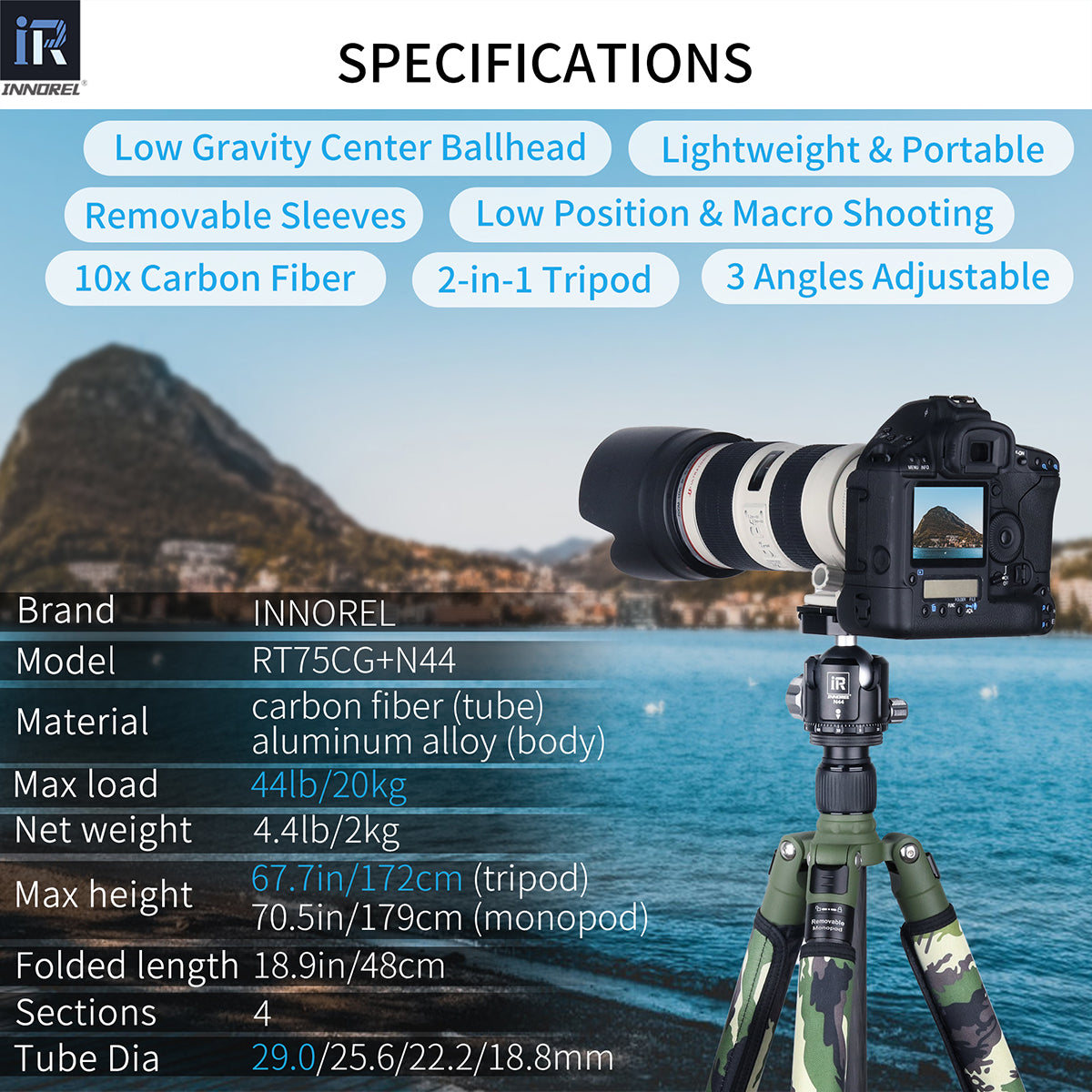 RT75CG tripod with N44 ballhead specifications including 172cm max height 2kg weight 20kg load 10-layer carbon tube