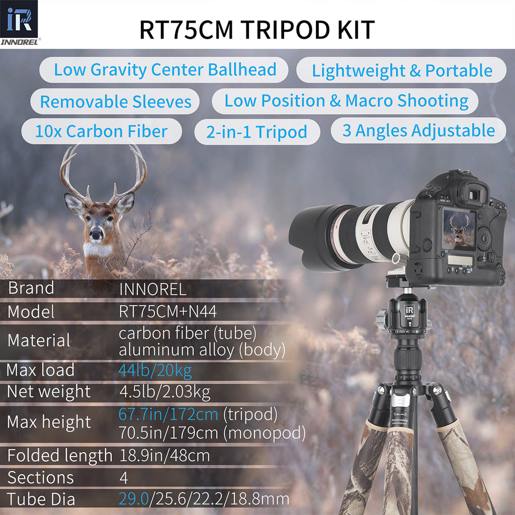 RT75CM tripod with N44 ballhead specifications including 172cm max height 2.03kg weight 20kg load 10-layer carbon tube